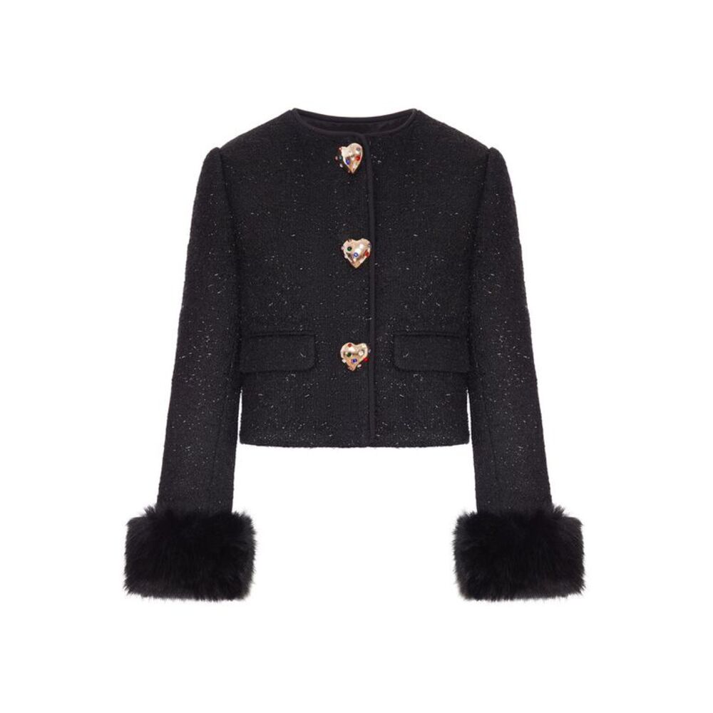 Self-Portrait Women Short Tweed Jacket With Jewel Buttons And Faux Fur Cuffs